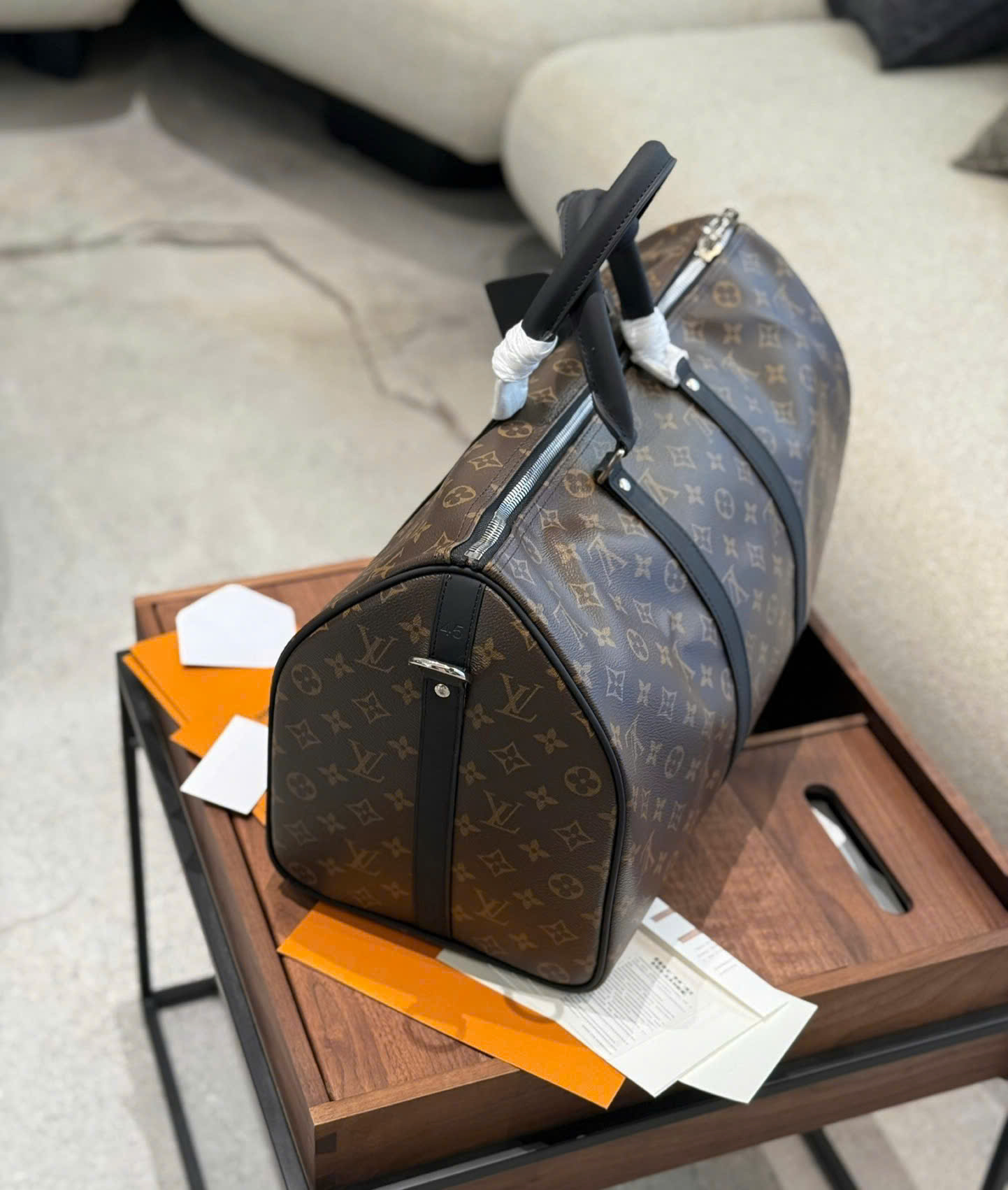 Túi trống du lịch Louis Vuitton LV Nâu họa tiết hoa vân full khóa ổ phối dây Đen size 50cm Like Auth Fullbox phụ kiện PLD
